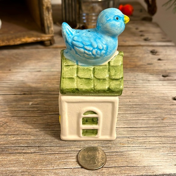 Blue Bird Perched House Salt and Pepper Shaker Set Ceramic Two Pieces - Picture 7 of 7